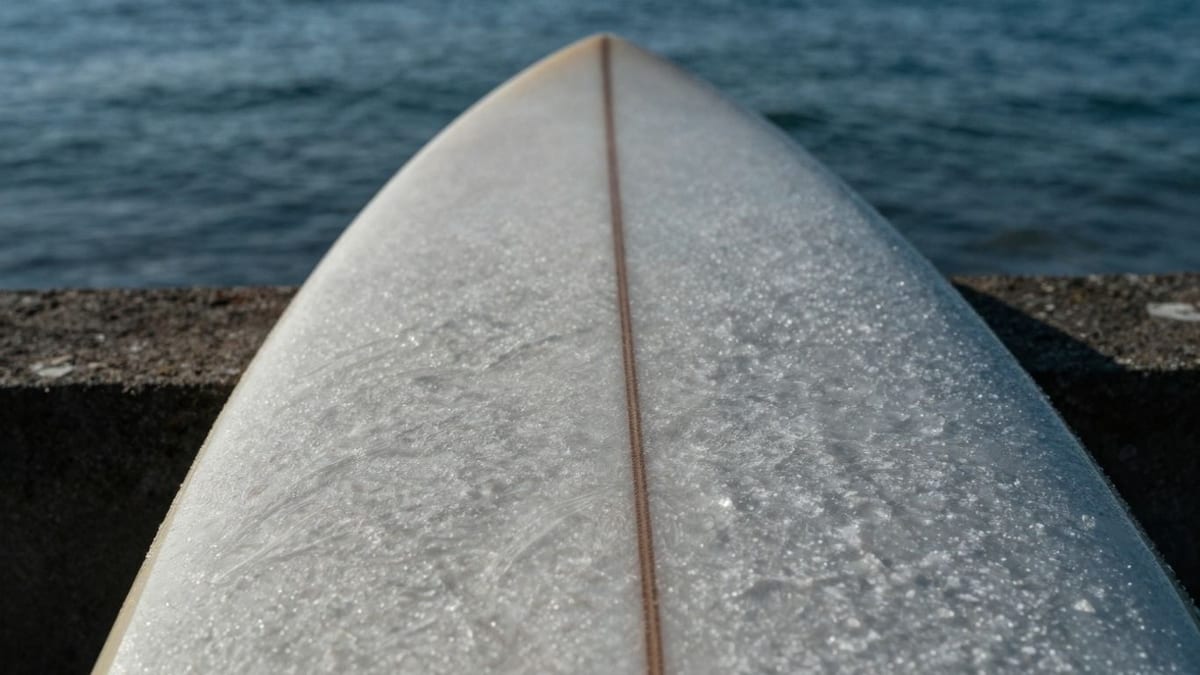Detailaufnahme eines Surfboard-Tails mit Wasserspiegelung